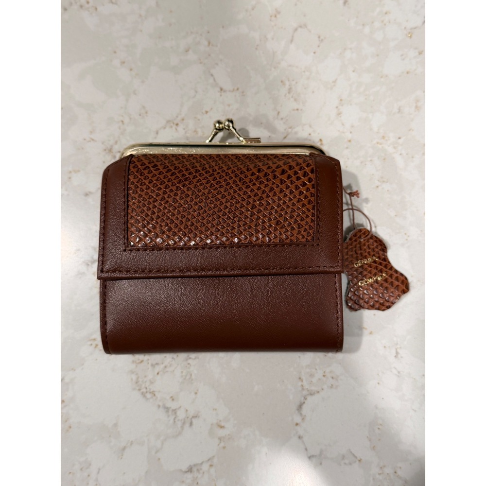 Vintage Avon Brown Genuine Cowhide Leather Kiss Lock Wallet 1982 Snakeprint
